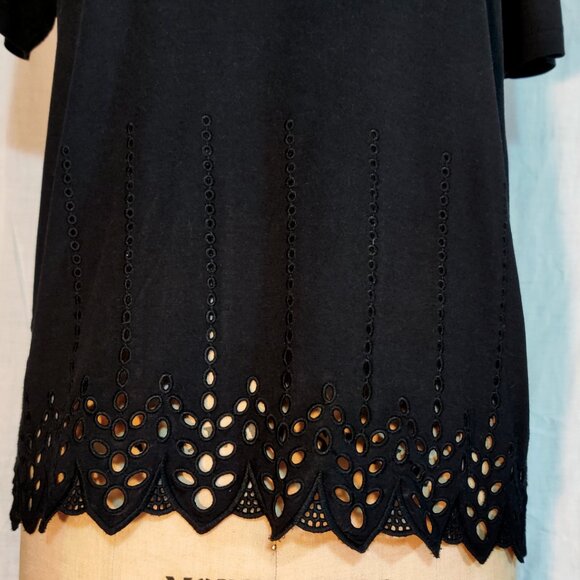The Kooples Black Short-Sleeved Tee with Eyelet Lace Embroidery Hem - Small EUC - Picture 4 of 6